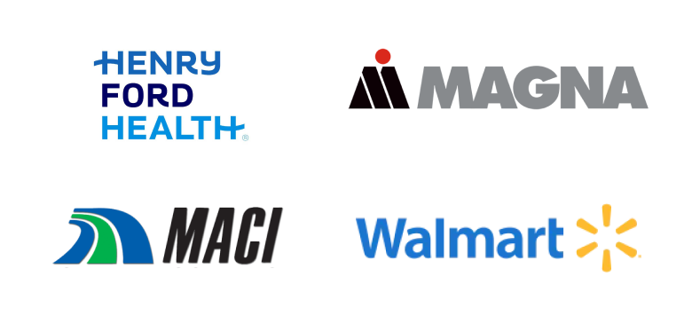 Logos from Henry Ford Health, Magna, Maci and Walmart